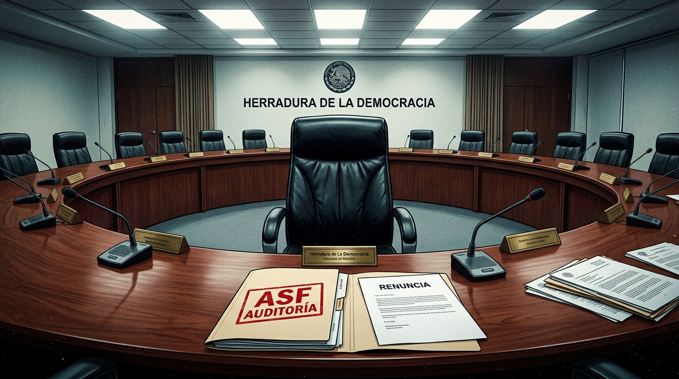 La sala de sesiones del Consejo General del INE con el sillón presidencial vacío